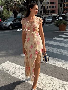 Zara Floral Print Cut Out Midi Dress